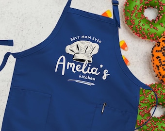 Delantal personalizado para mamá con bolsillos, la mejor mamá del mundo, delantal de cocina con nombre personalizado, diseño de gorro de chef, regalo de cocina y repostería para mamá A010