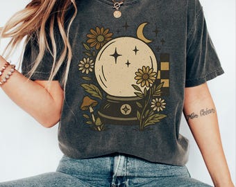 Mystical Crystal Ball T-Shirt: Witchy Celestial Star Floral Design