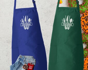 Embroidery Chef Apron, Custom Embroidered Apron, Personalized Cook Apron, Chef Name Apron, Bakery Apron, Fork Knife Spoon, E026