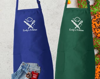Personalized Embroidered Chef Apron with Pockets, Custom Name Kitchen Apron, Adjustable Strap, Cooking Gift E036