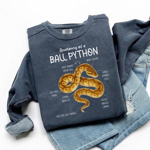May include: A navy blue sweatshirt featuring the text "Anatomy of a Ball Python" and a detailed illustration of a snake. The snake is brown and tan with labeled parts. The sweatshirt is folded over a pair of blue jeans.
