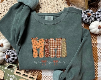 Sweat-shirt Mimi automne avec noms de petits-enfants, chemise de grand-mère personnalisée automne en dentelle preppy, t-shirt de Thanksgiving vichy rétro en patchwork, H054