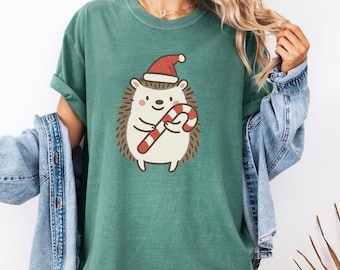 Leuk kerstshirt egel, kawaii snoep egel T-shirt, vakantie dierenliefhebber grafisch T-shirt, feestelijk kerstmuts shirt B162