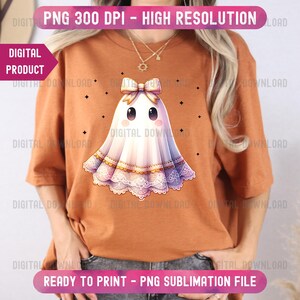 Fantasma de renda de Halloween PNG: Coquete assustador com laço laranja (download digital)