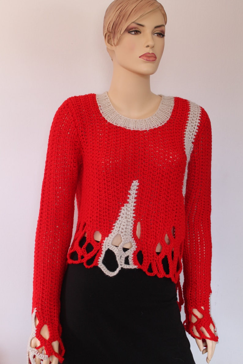 SALE Crochet Sweater Red Off White Chunky Long Sleeved | Etsy