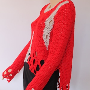 SALE Crochet Sweater Red Off White Chunky Long Sleeved | Etsy
