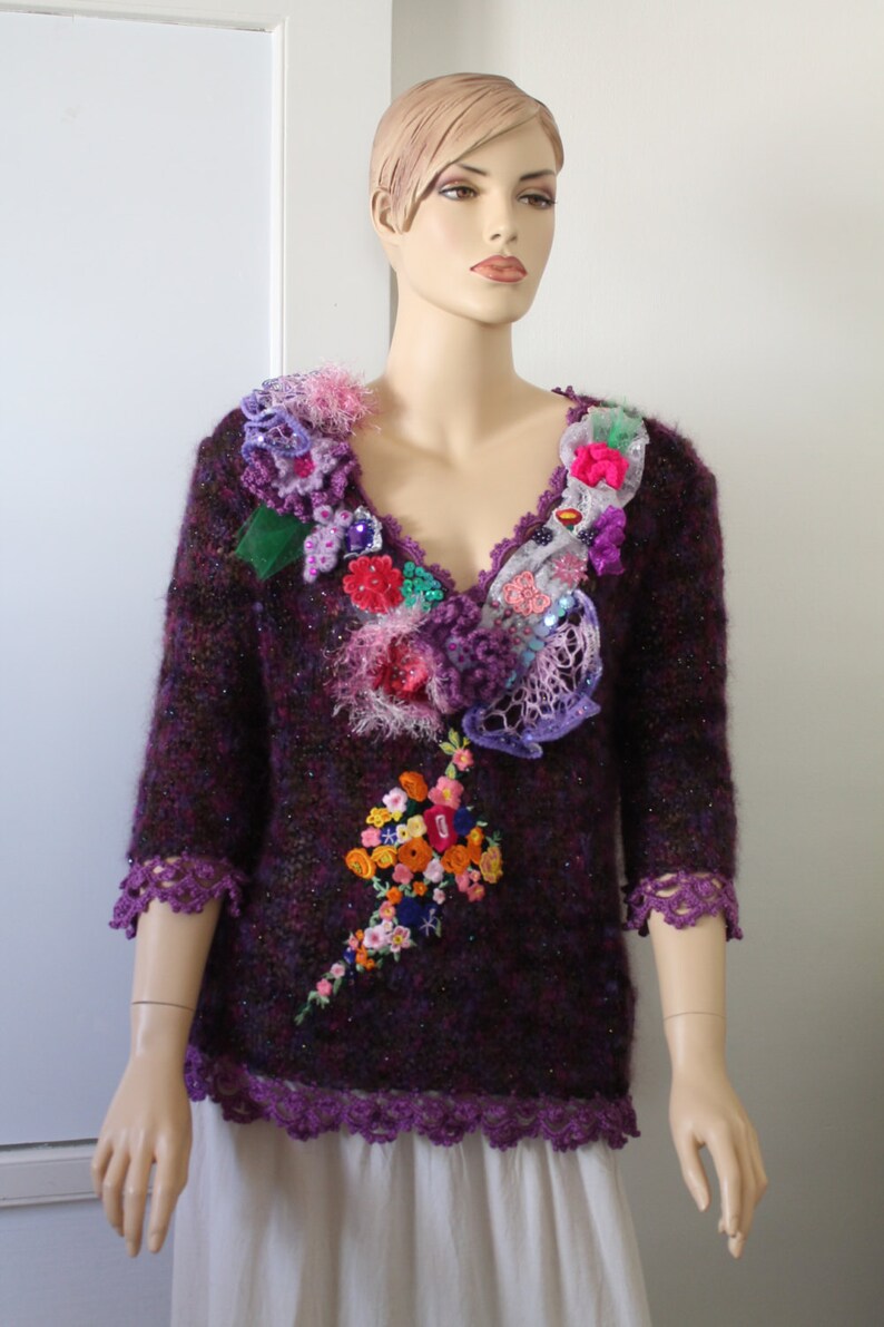 Art to Wear Shabby Chic Romantic Purple Hand Knit Crochet Etsy