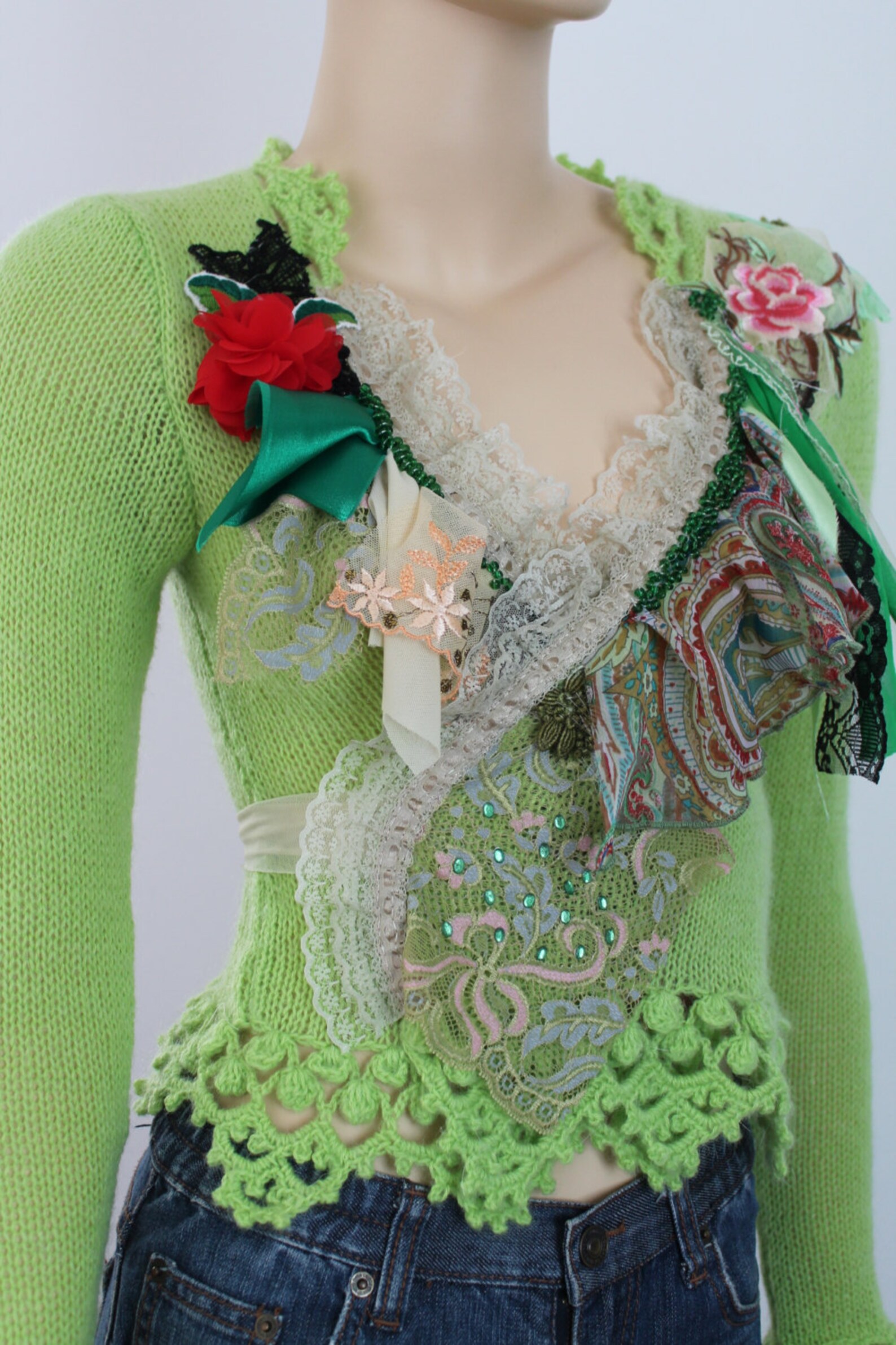 Chartreuse Green Hand Knit Crochet Sweater Shabby Chic Etsy