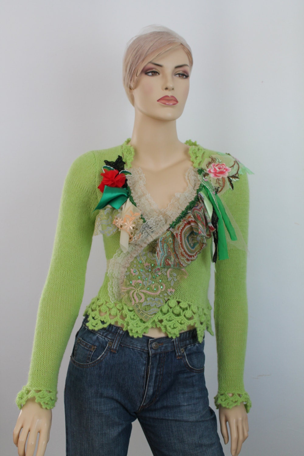 Chartreuse Green Hand Knit Crochet Sweater Shabby chic Etsy