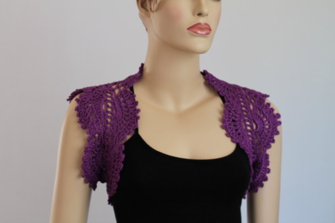 Crochet Cotton Deep Lilac Flower Shrug Bolero / Fall Spring Etsy