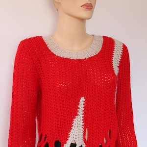 SALE Crochet Sweater Red Off White Chunky Long Sleeved | Etsy