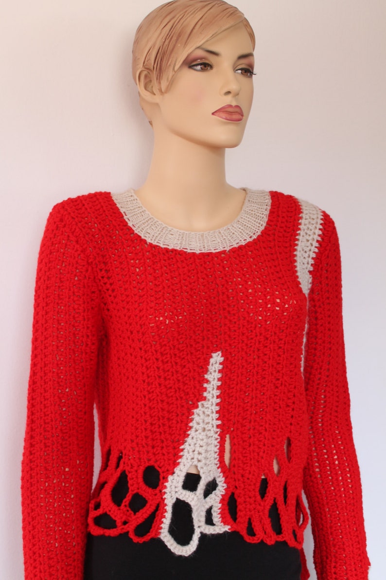 SALE Crochet Sweater Red Off White Chunky Long Sleeved | Etsy
