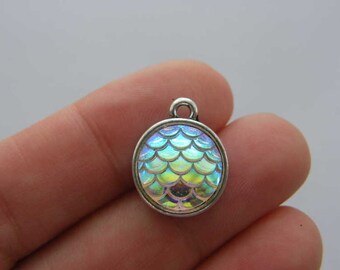 BULK 20 Mermaid scale blue green charms antique silver tone FF314