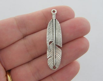 6 Feather connector charms antique silver tone B342