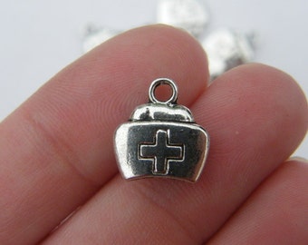 24 Nurse hat cap charms antique silver tone MD9