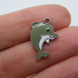 12 Dolphin charms grey white silver tone FF233