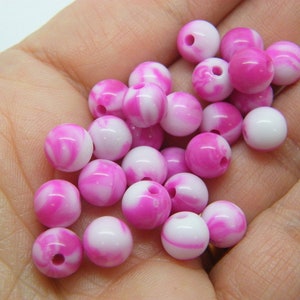 200 Marbled beads 8mm fuchsia pink white acrylic AB869