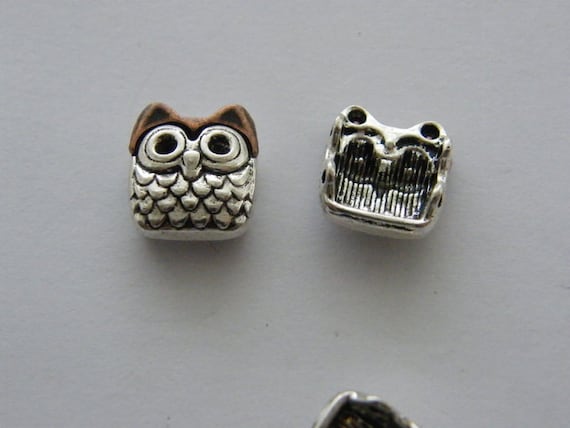 BULK 50 Owl spacer beads antique silver and antique copper tone B251