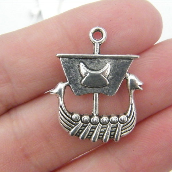 4 Viking boat ship pendants antique silver tone SW31