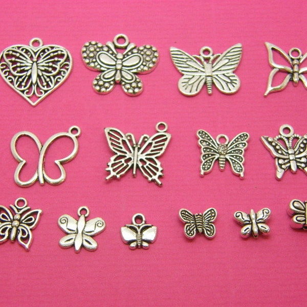 The Butterfly Charms Collection -  11 different antique silver tone charms and 3 spacer beads