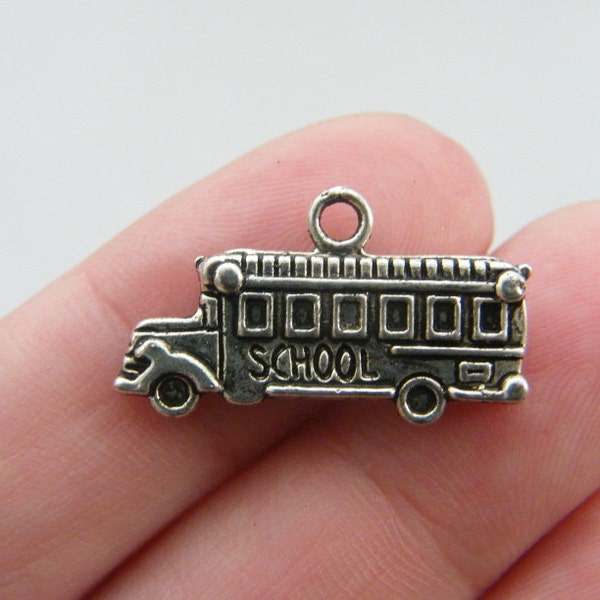 8 School bus charms antique silver tone TT60