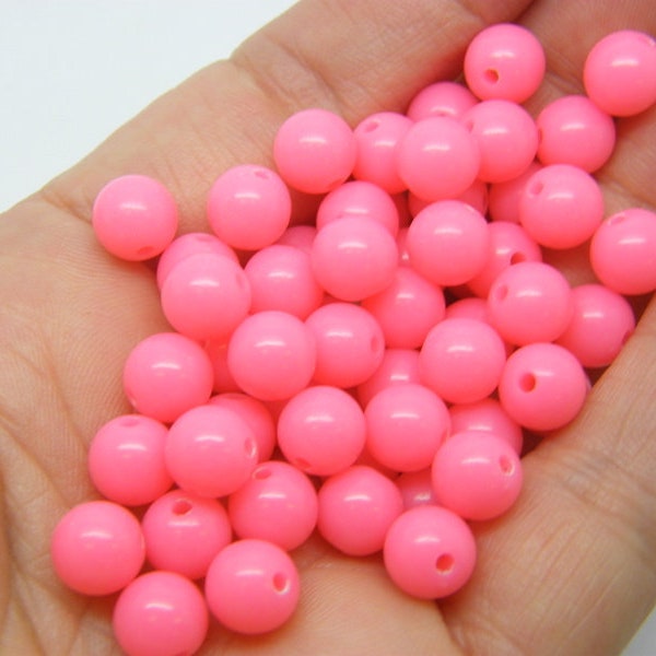 100 Pink fluorescent beads 8mm round acrylic AB521 - SALE 50% OFF