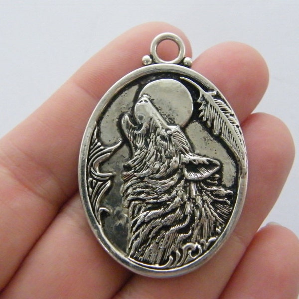 BULK 10 Wolf pendants antique silver tone A482