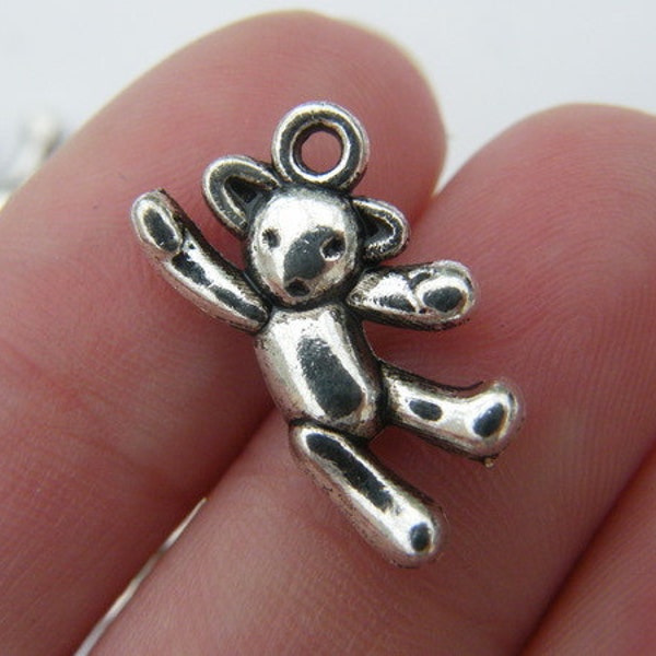 6 Teddy bear charms antique silver tone A190