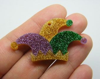 4 Jester pendants purple green gold glitter acrylic P232