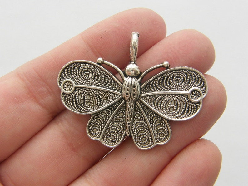BULK 10 Butterfly pendants antique silver tone A360