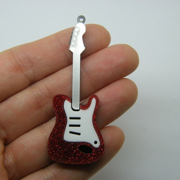 2 Electric guitar pendants glitter red black white acrylic MN24