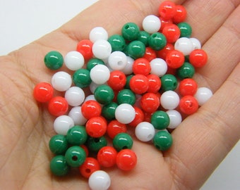 120 Christmas green red white round 6mm beads acrylic AB315 - SALE 50% OFF