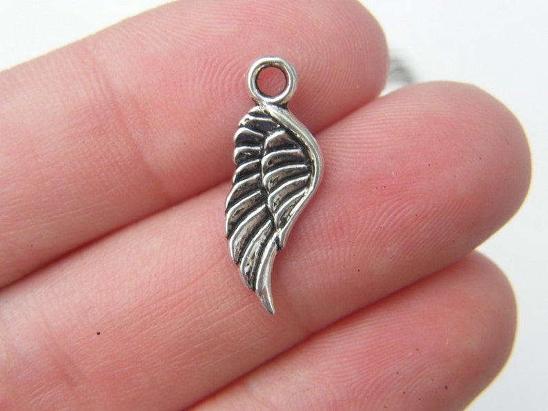 May include: Silver-toned metal charm in the shape of a wing. The wing has a detailed design with lines and curves.