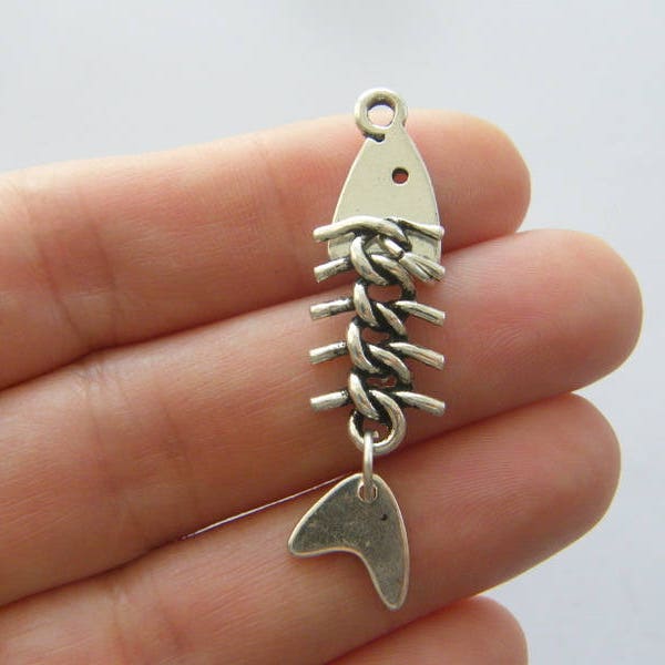 2 Fish bone pendants antique silver tone FF360