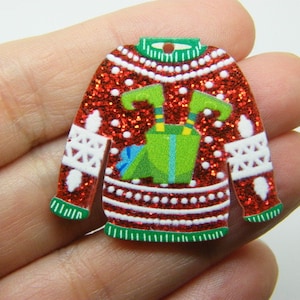 2 Elf Christmas jumper sweater jersey pendants red glitter acrylic CT278