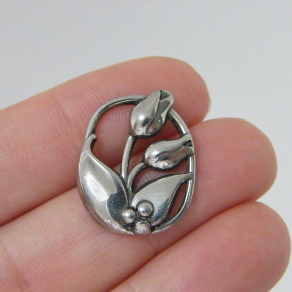 2 Tulip flower connector charms antique silver tone stainless steel F95