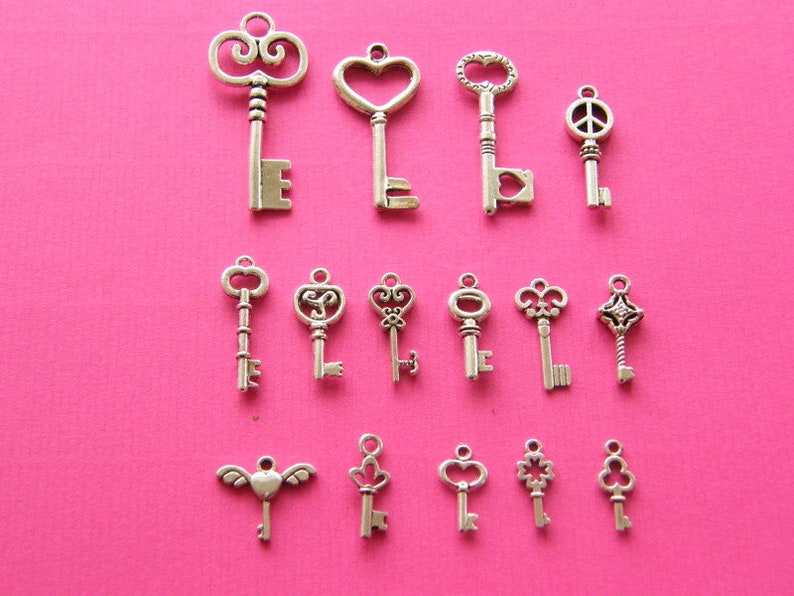 The Ultimate Key Charms Collection 15 different antique silver tone charms image 2