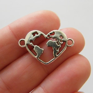 8 Weltkarte Herz Stecker Charms antikes Silber Ton WT116