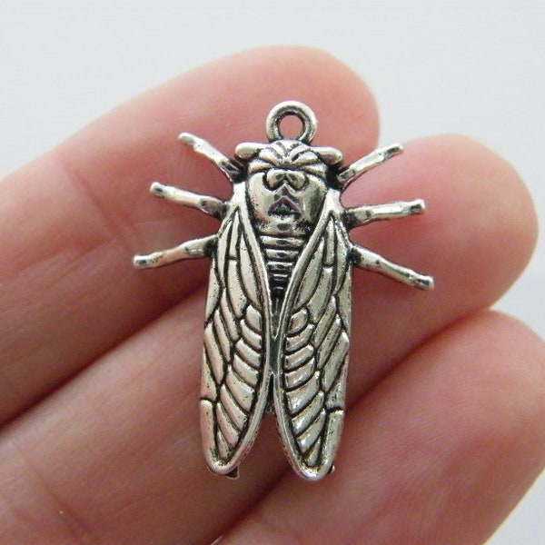 6 Insect cicada pendants antique silver tone A1000