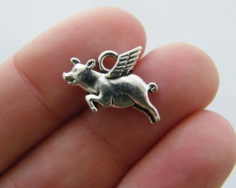 8 Flying pig charms antique silver tone A1030