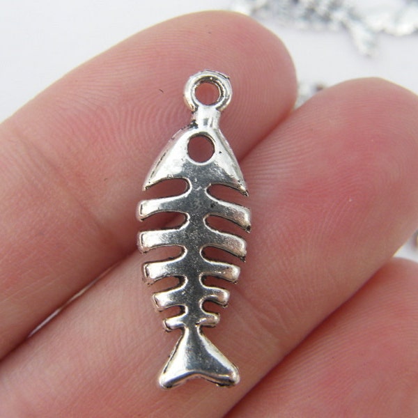 10 Fish bone charms antique silver tone FF52