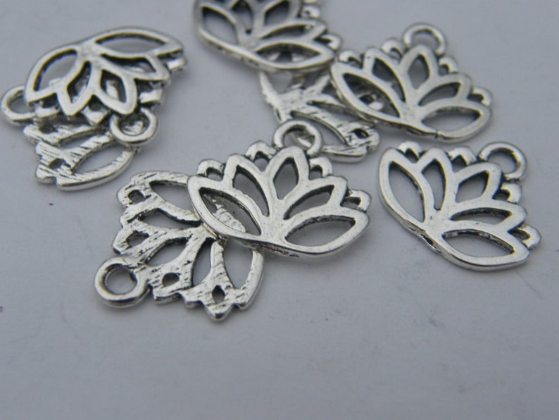 10 Lotus flower charms antique silver tone F12 image 3