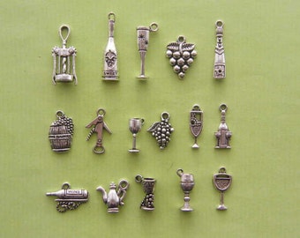 The Ultimate Love Wine  Charms Collection - 16 different antique silver tone charms