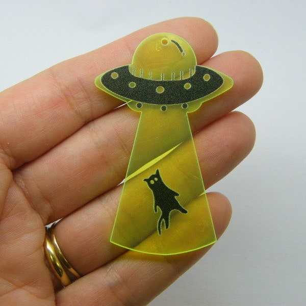 2 UFO cat abduction pendants neon yellow black acrylic P658