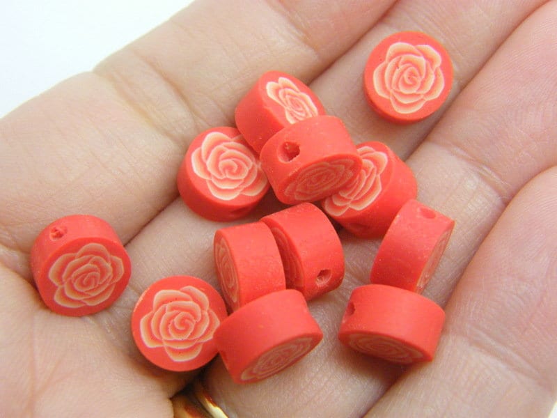 120 Flower rose beads red polymer clay F213