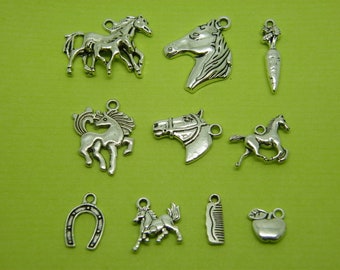 The Horse Charms Collection - 10 different antique silver tone charms
