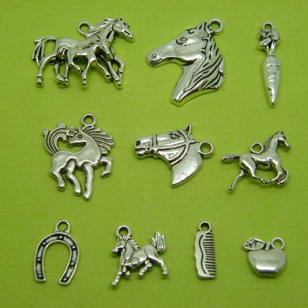 The Horse Charms Collection - 10 different antique silver tone charms