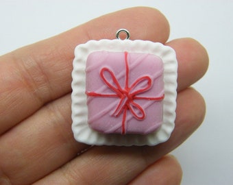 4 Wedding or birthday cake pendants white pink brown resin FD219