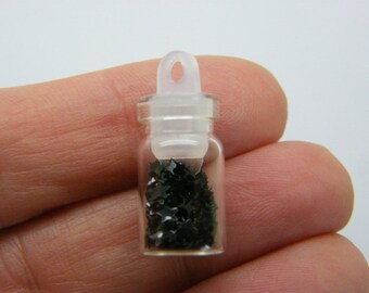 10 Mini glass bottles with plastic lid pendants black star sequins M