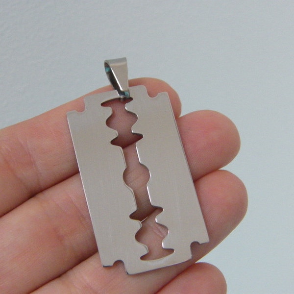 1 Razor blade pendant silver tone stainless steel P6